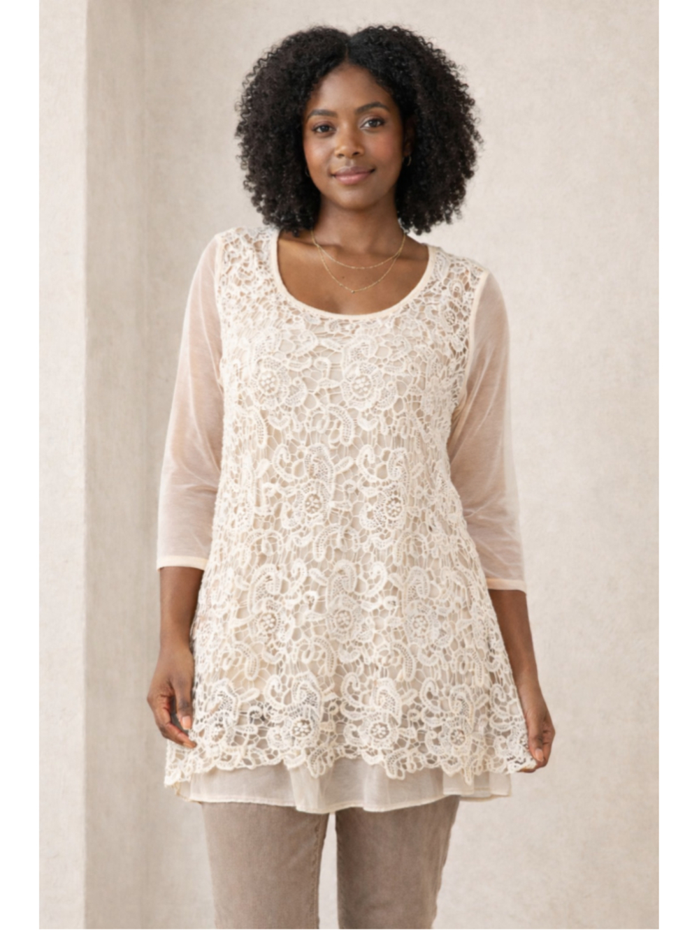 Anne French Medium Sheer Crochet Lace Tunic Top Ivory Boho Layered Feminine